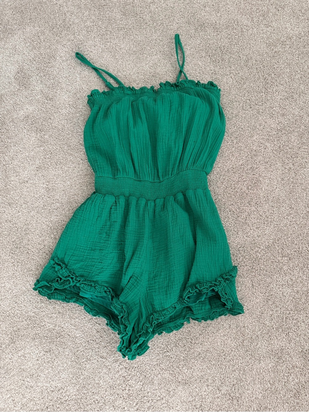 Green Women Textured Romper with Ruffle Hem